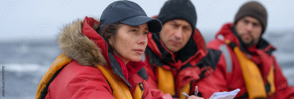 Fototapeta premium A focused team of researchers equipped for harsh weather conditions demonstrates commitment to environmental studies and data collection on the open sea.