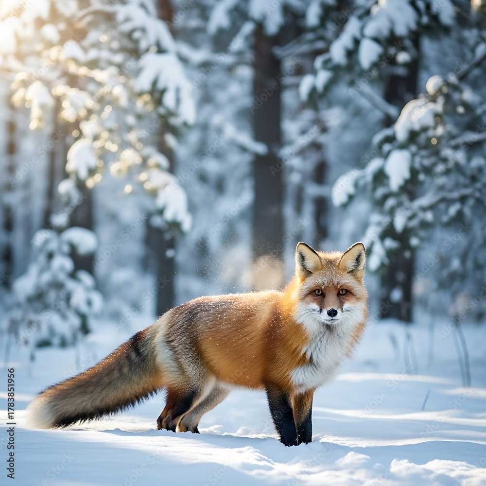 Obraz premium Red Fox Amidst Snowy Winter Forest: A Captivating Glimpse into Wildlife in Winter wonderland with Frosty Trees, Wilderness Scene, Wildlife photography, Animal Portrait, Nature's Beauty, 