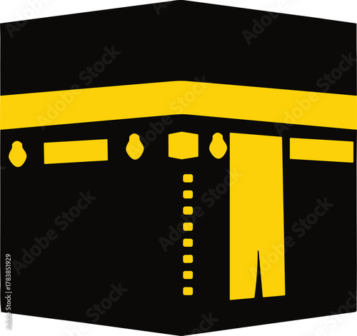 Kaaba vector illustration, Islamic sacred site, Mecca pilgrimage icon, black cube design, golden Kiswah detail, religious symbol, cultural art, stock graphic