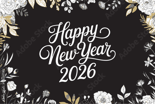 Elegant happy new year 2026 floral border design with festive flowers and decorative elements perfect for celebratory invitations and greeting cards