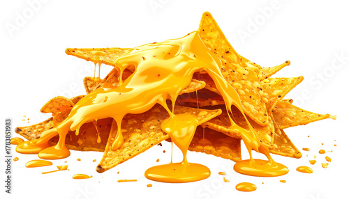 Stack of seasoned chips with melted orange cheese sauce cascading down, black backdrop