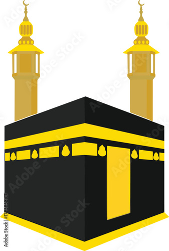 Kaaba with minarets vector, Islamic sacred site, Mecca pilgrimage symbol, golden Kiswah detail, religious architecture, spiritual icon, cultural design, stock illustration