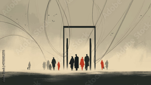 Minimalist silhouettes walking through abstract memorial structure in soft light, symbolic conceptual illustration for International Holocaust Remembrance Day, memory, reflection, and human dignity aw