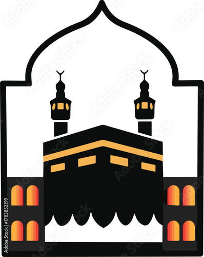 Kaaba with minarets vector, Islamic sacred site, Mecca pilgrimage illustration, golden Kiswah detail, arch design, religious symbol, cultural art, stock graphic