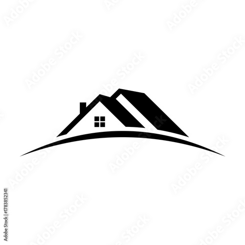 Stylized black and white logo featuring multiple house rooflines with a window, set on a curved base, representing real estate or home services.