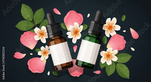 Essential Oil Bottles with Flowers and Rose Petals for Wellness