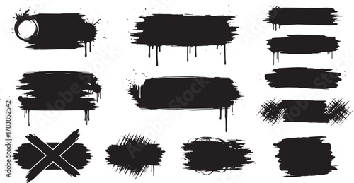 Collection of hand-drawn black brush strokes featuring splatters, spray paint effects, scribbles, stencil smears, and ink drips. Perfect for adding a grunge, distressed, or edgy style to logos