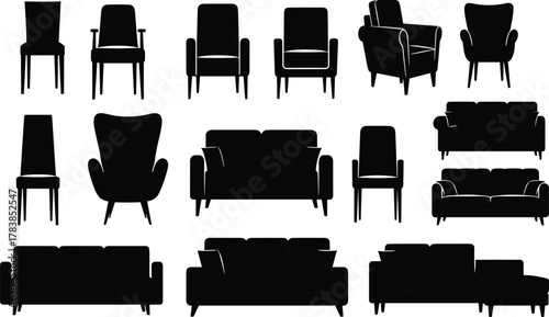 Furniture silhouettes, chairs, sofas, armchairs, modern and classic seating, black vector icons, interior design elements, home office furniture illustration set