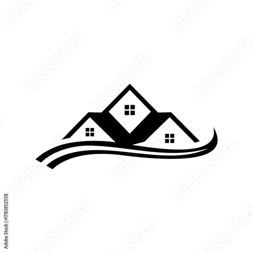 A black and white logo featuring three stylized house silhouettes with prominent roofs and windows, set above a flowing wavy line, representing real estate or property development.