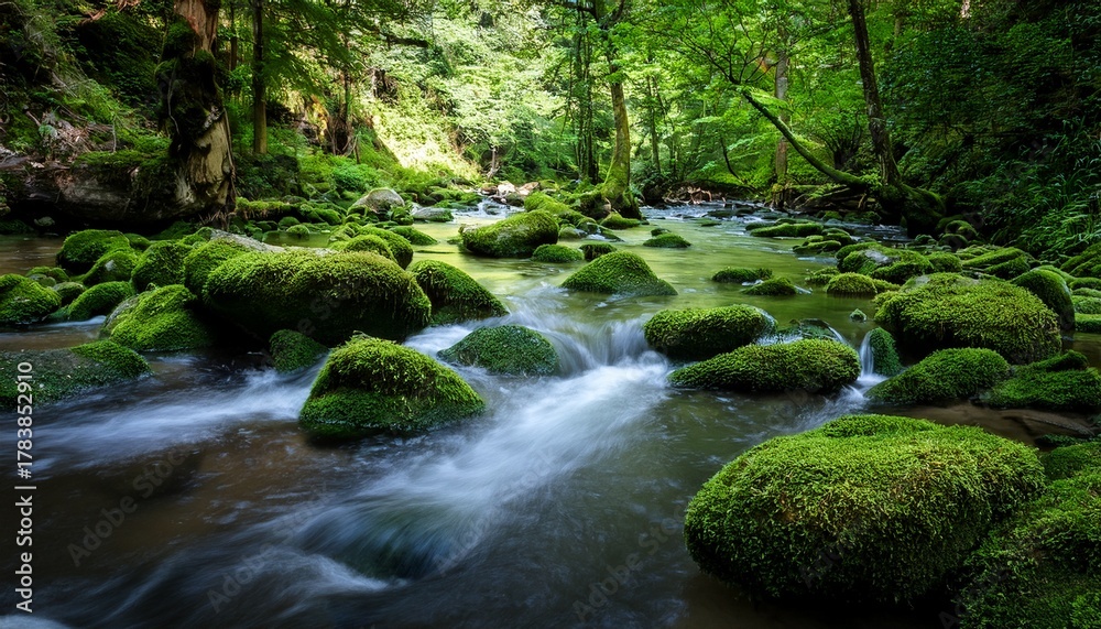 Obraz premium lush forest river flowing through mossy rocks