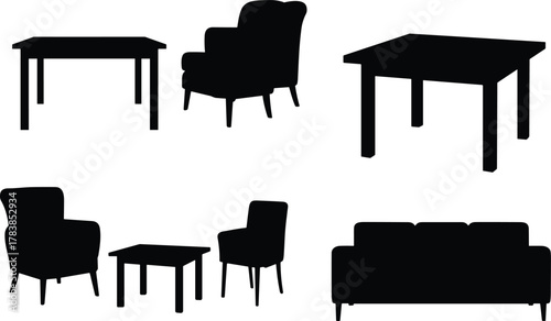 Furniture silhouettes, sofa, armchair, dining chair, table, black vector icons, modern home interior, office furniture design, seating arrangement, illustration set