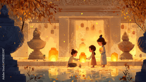 Children lighting lanterns in temple courtyard at night, heartwarming Mahayana New Year illustration celebrating peace, compassion, mindfulness, and the beauty of shared spiritual tradition