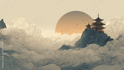 Elegant temple on misty mountain at sunrise surrounded by swirling clouds, peaceful vector illustration celebrating Mahayana New Year, mindfulness, spirituality, and enlightenment.