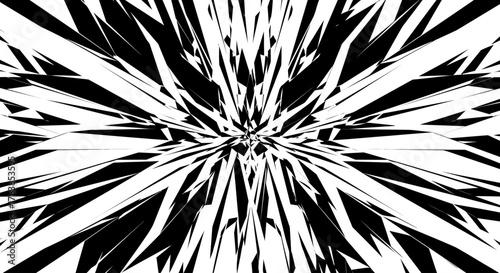 Abstract black and white geometric pattern with sharp, angular shapes radiating from the center.