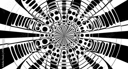 Abstract black and white pattern with radial lines and circles.