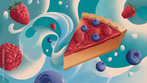 Colorful abstract vector of berry pie slice floating among raspberries and blueberries on bright blue background, vibrant modern design celebrating National Pie Day with artistic energy and flavor.