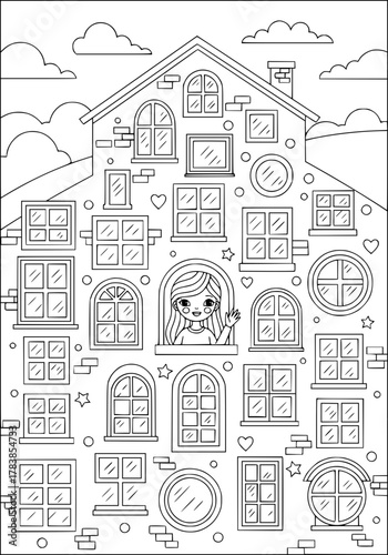 a girl waves from the window of a fabulous house. coloring book