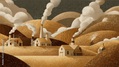Charming countryside bakery scene with smoke chimneys among golden hills, warm nostalgic vector landscape honoring National Pie Day and the heritage of traditional handmade baking.