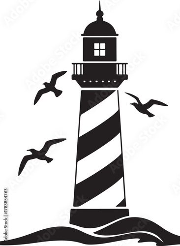 A classic black and white striped lighthouse stands tall against a white background with three seagulls flying around it and waves at its base