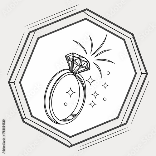 Outline of a sparkling diamond engagement ring in a hexagonal frame wedding jewelry