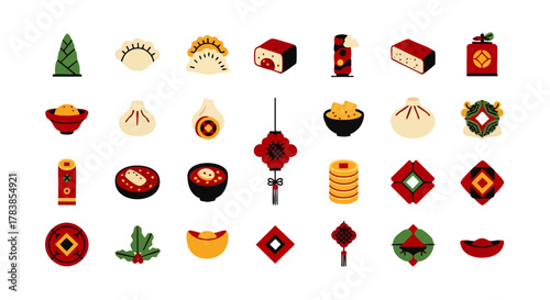 A vibrant collection of pixel art icons showcasing traditional Chinese culture, festive celebrations, and delicious Asian cuisine elements.