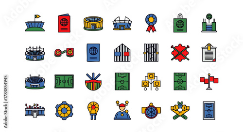 A vibrant collection of modern flat design sports icons, featuring stadiums, fields, trophies, and essential athletic elements, ideal for digital use.