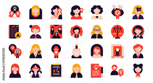 A comprehensive collection of flat design icons illustrating various aspects of women's empowerment, gender equality, and professional roles, perfect for modern digital projects.