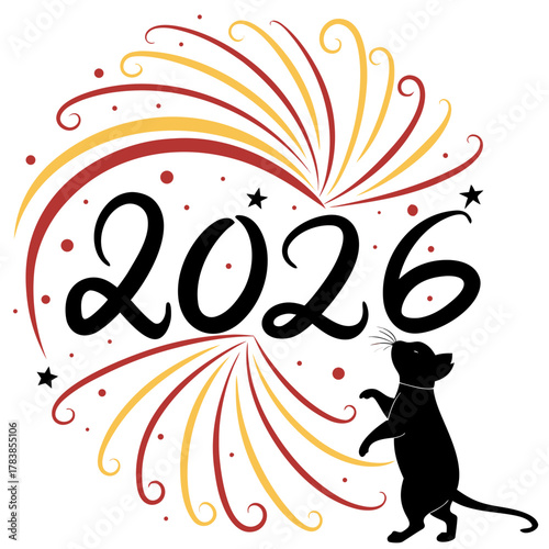 Silhouette of a rat looking up at fireworks and the year 2026 mouse animal