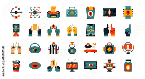 A comprehensive collection of vibrant American football and sports-themed flat design vector icons, perfect for digital media and graphic projects.