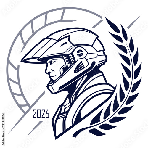 Futuristic helmeted profile with laurel wreath and year 2026 face