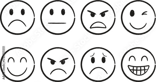 Hand Drawn Emotions Faces Icons Set. Expression Line Art Collection