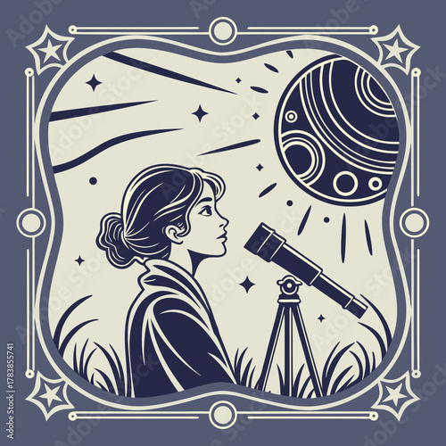 Woman Looking Through Telescope at Celestial Body in Vintage Style astronomy stargazing