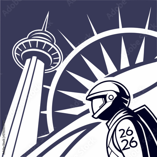 Astronaut looking at tower and compass with 26 on suit 2026 space