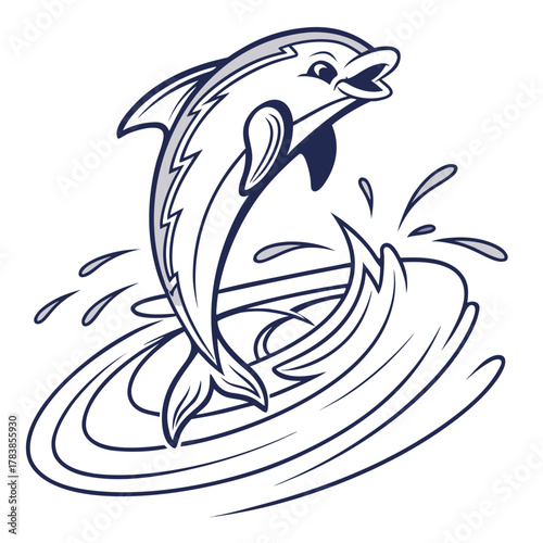 Cartoon Dolphin Leaping Out of Water with Waves jumping ocean