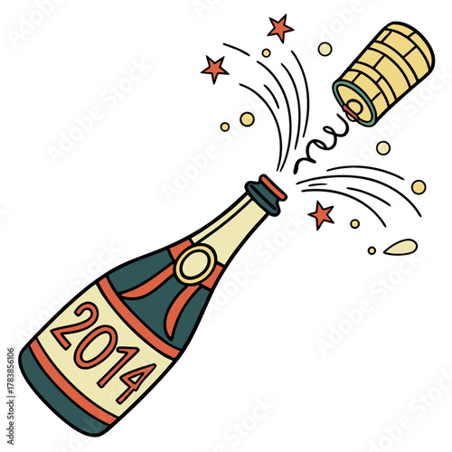 Champagne bottle popping cork with 2014 and colorful confetti vector illustration
