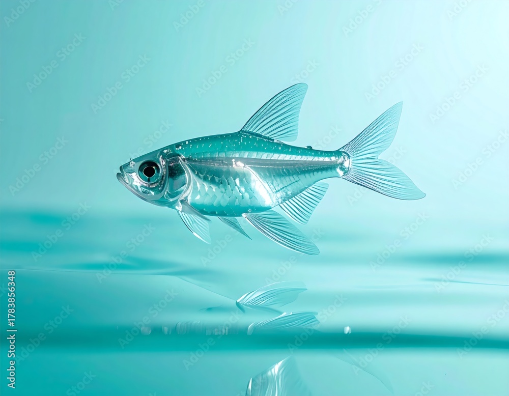 Naklejka premium Surreal 3D Illustration: Glass Fish Levitating with Water Reflection