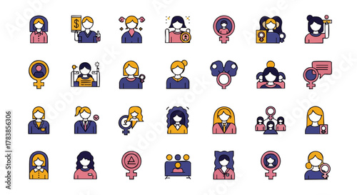 A comprehensive set of modern flat design icons illustrating women, gender equality, empowerment, and diverse female roles, suitable for digital media.