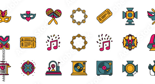 A vibrant collection of carnival and music-themed icons, featuring festive masks, instruments, and entertainment elements, perfect for celebrating parties and events.