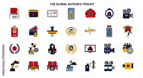A comprehensive collection of flat design icons representing the global film industry, filmmaking process, cinema, and awards, perfect for creative projects.