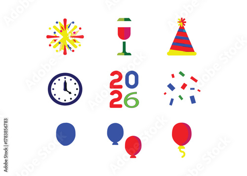 Cheerful collection of vibrant celebration icons for festive countdowns and joyous occasions, featuring fireworks, party hats, balloons, a clock, and event essentials
