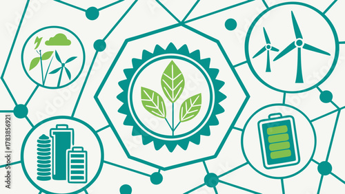 Green energy concept with interconnected icons representing renewable sources, eco technology and sustainable battery storage