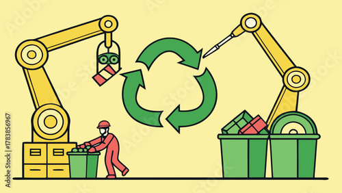 Industrial recycling process with robotic arms sorting waste into bins, symbolizing automation, sustainability and waste management