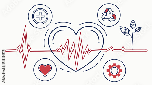 Heartbeat line with heart icon and surrounding symbols of health, recycling, and nature representing sustainable healthcare and well-being