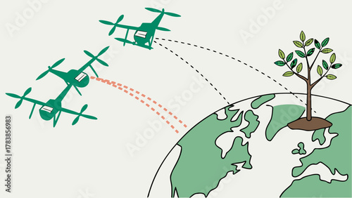 Drones planting trees on Earth, symbolizing reforestation, environmental technology and sustainable ecological solutions