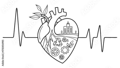 Human heart illustration filled with eco symbols, nature, recycling and urban elements, representing sustainable living and environmental awareness