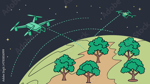 Drones flying above Earth at night planting trees, symbolizing reforestation, environmental restoration and eco technology