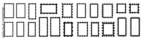 Squiggle frames set. Zigzag wavy edges, retro scallop frames, psychedelic rectangles, photo frames, text boxes, tags, labels. Vector groovy shapes set on transparent background