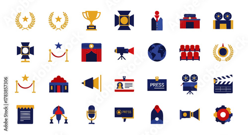 Diverse flat design icons illustrating the vibrant world of cinema, film festivals, prestigious awards, and media production elements.