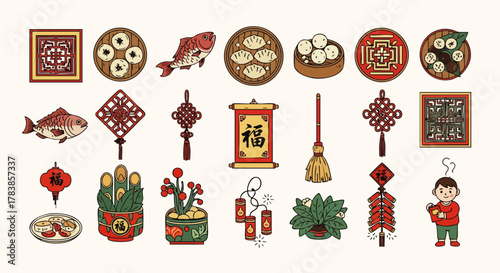 This vibrant collection of hand-drawn illustrations showcases the spirit of Chinese New Year, featuring traditional foods, festive decorations, and cultural symbols.