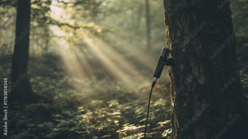 Naklejka premium A microphone is mounted on a moss-covered tree in a serene forest, capturing sounds of nature. Sunlight filters through the trees, enhancing the connection between microphone, tree, and surroundings